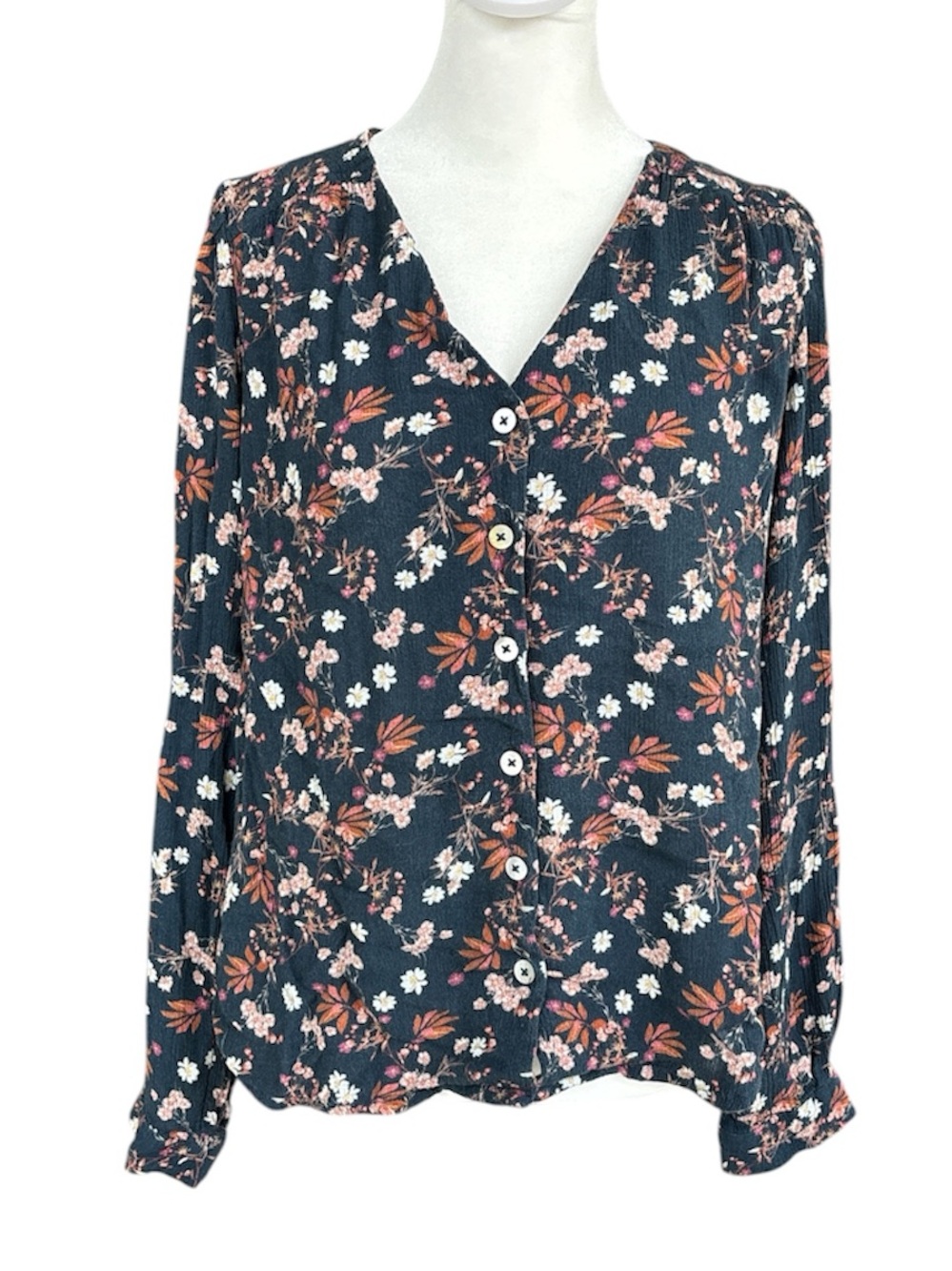 Garnet Hill Easy Crêpe Button-Up Blouse Blue/Orange/White XS